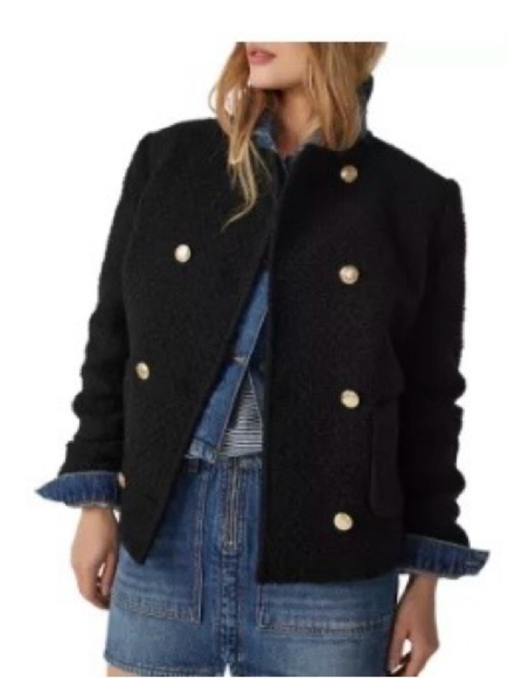 ba&sh Black Bouclé Double-Breasted Blazer with Gold Buttons